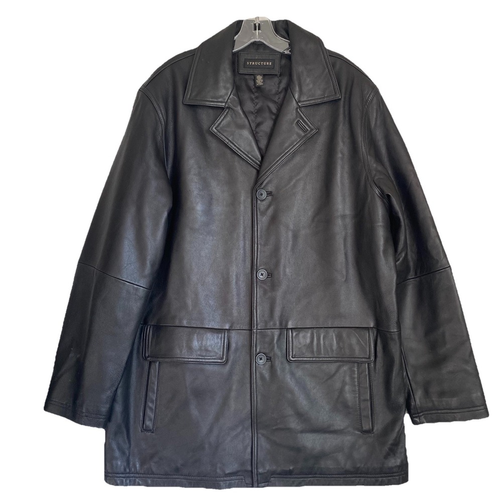 Structure Leather Coat Men L Black Leather Button Front Lined Outerwear Jacket